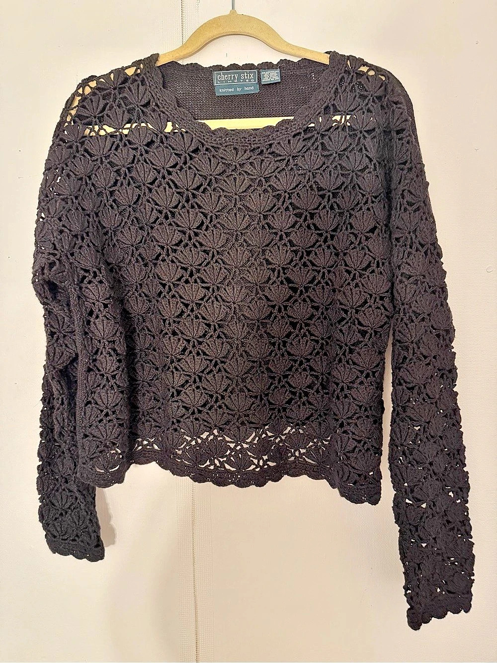 Vintage Cherry Stix Limited "Knitted by Hand" black open-work crochet lace sweat